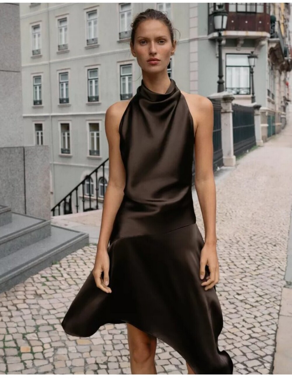 Zara Brown Satin Asymmetrical Halter Dress